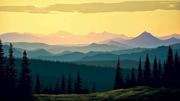 Illustration, Berge, Landschaft, Wald