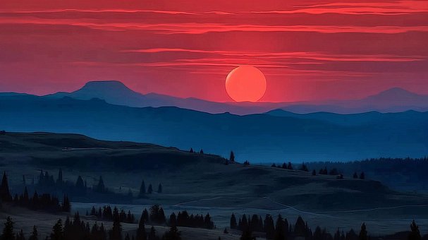 Illustration, Sonnenuntergang, Berge