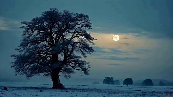 Illustration, Winter, Baum, Himmel, Mond