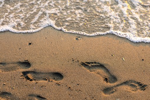 Fußabdrücke, Strand, Sand, Wasser, Ozean