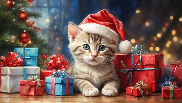 Free ai generated tabby kitten christmas illustration