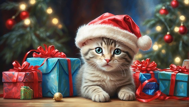 Free ai generated tabby kitten christmas illustration