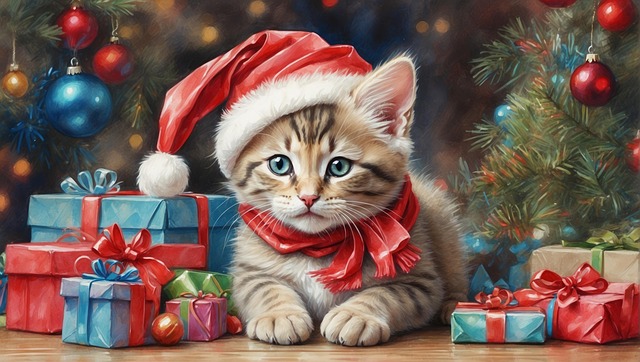Free ai generated tabby kitten santa hat illustration