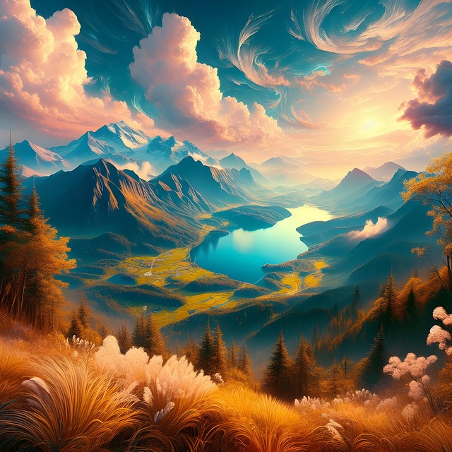 Free landscape painting mountains lake illustration