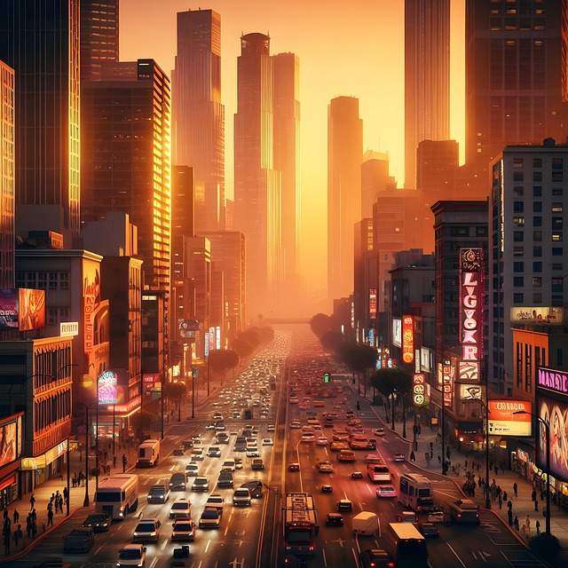 Free bustling cityscape sunset illustration
