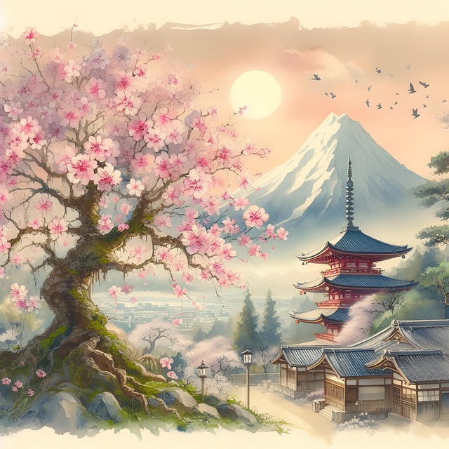 Free traditional japanese landscape cherry blossom season cherry tree illustration