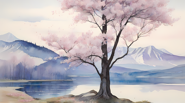 Free ai generated cherry blossoms lake illustration