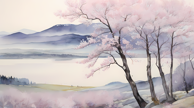 Free ai generated cherry blossoms lake illustration
