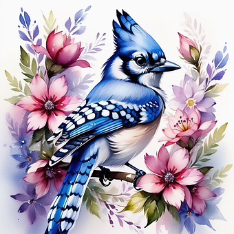 Pták, Blue Jay, Umění, Květinový