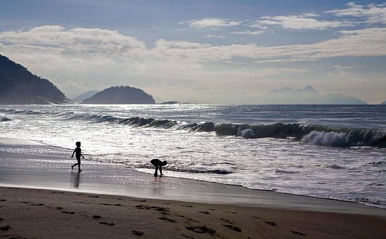 Strand, Kinder, Wellen, Meer, Spielen