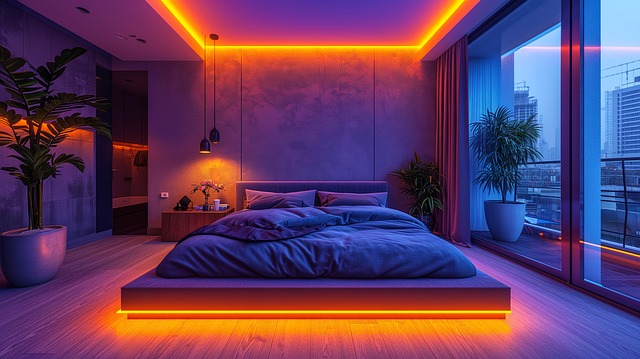 Free ai generated neon lights bedroom illustration