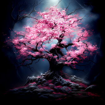 Árbol, Flores Rosadas, Místico, Oscuro