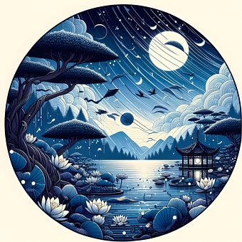 Ai产生的, 月亮, 夜晚, 云, 湖, 山, 景观