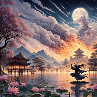 月亮, 睡莲, 火, 湖, 池塘, 日落