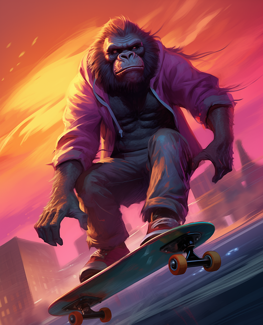 Free ai generated gorilla skateboarding illustration