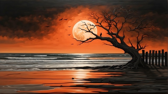 Free tree moon birds illustration