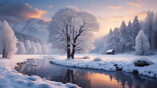 Vinter, Flod, Hus, Bygning, Sne, Natur