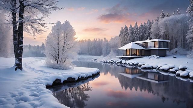 Free winter river house illustration