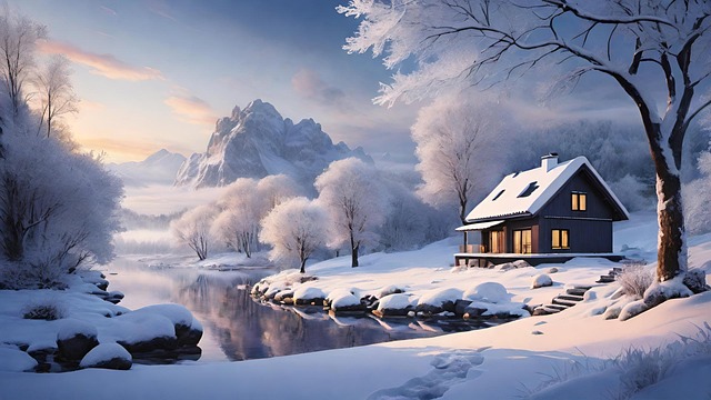 Free winter river house illustration