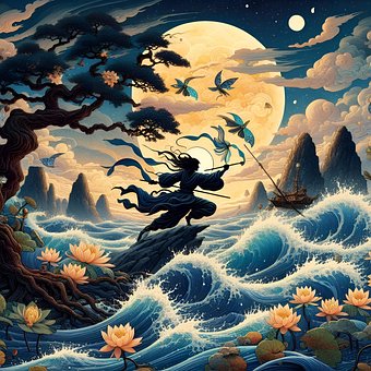 Ai产生的, 树, 海, 波浪, 武士, 忍者, 荷花