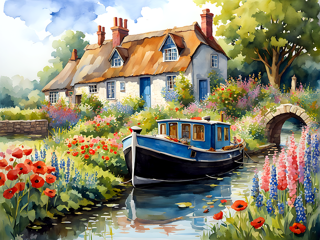 Free ai generated thatched cottage canal illustration