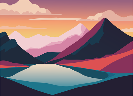 Ai Gerado, Montanhas, Lago, Pôr Do Sol