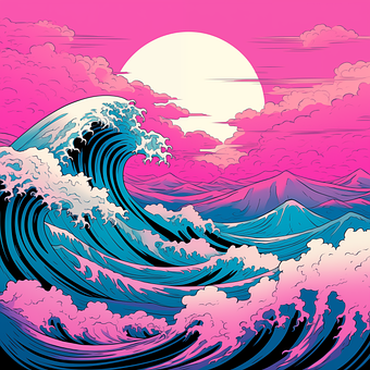Ai产生的, 波浪, 山, 天空, 蒸汽波, 有创造力的, 合成波, 现代的