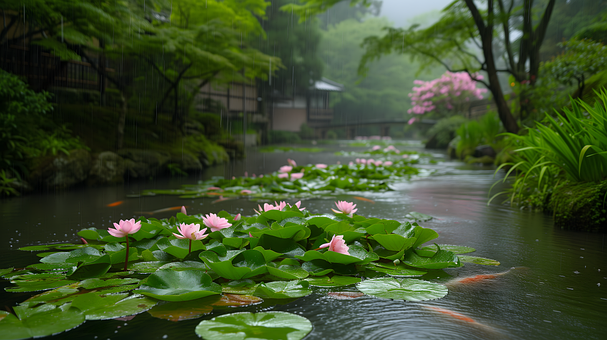 Regn, Koi, Dam, Lilje, Vann, Natur