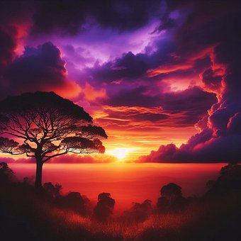 Baum, Sonnenuntergang, Sonne, Bewölkt
