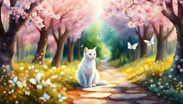 Ai产生的, 猫, 宠物, 花朵, 动物, 自然, 春天, 森林, 小路