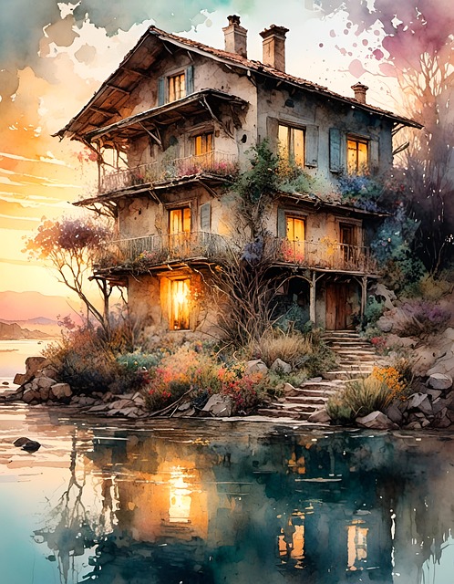 Free ai generated house lake illustration