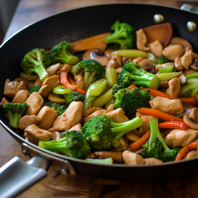 Huhn Stir Fry, Brokkoli, Möhren, Pilze