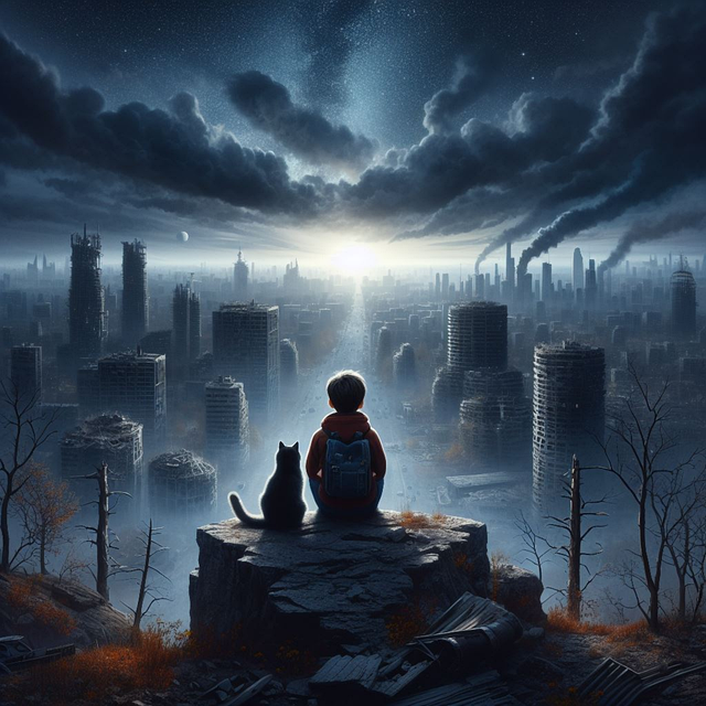 Free boy cat city illustration
