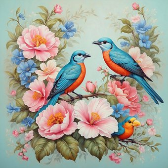 Ai Genereret, Fugle, Blomster, Siddende