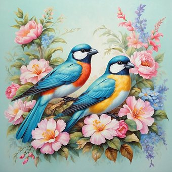 Ai Genereret, Fugle, Blomster, Siddende