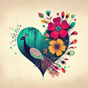 Pfau, Herz, Blumen, Beschwingt, Abstrakt