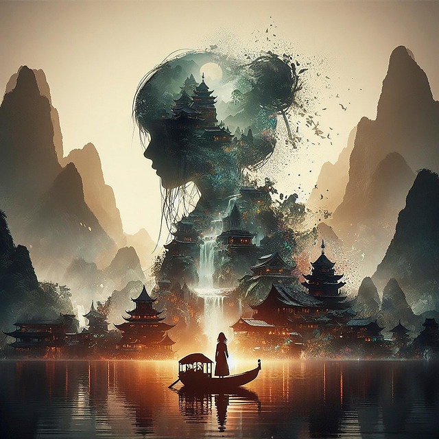 Free woman landscape lake illustration