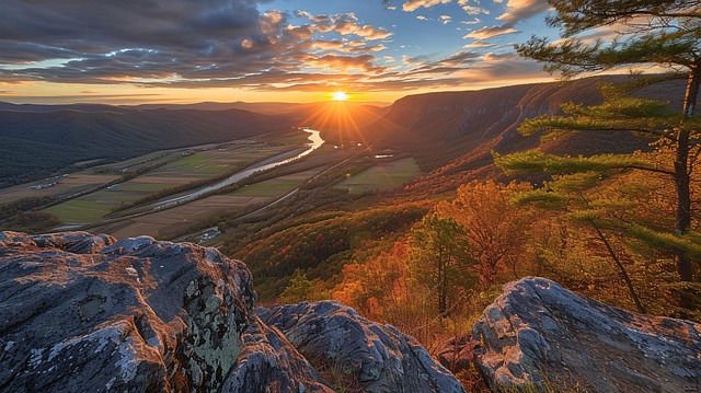 Free sunset river mountains illustration