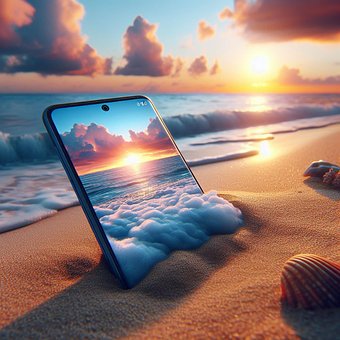 Smartphone, Telefone, Praia, Pôr Do Sol