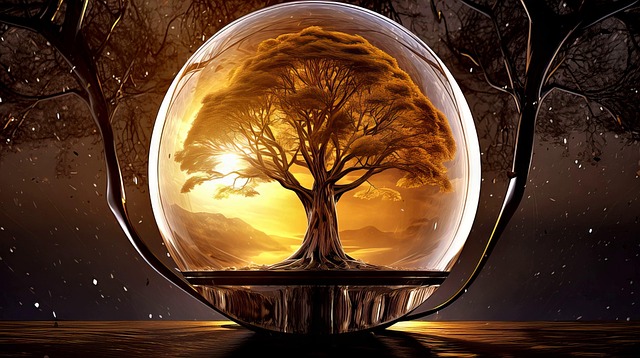 Ai Generado, Árbol, Esfera, Vidrio, Oro