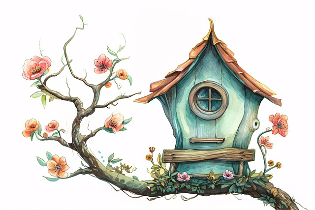 Free watercolor birdhouse spring illustration