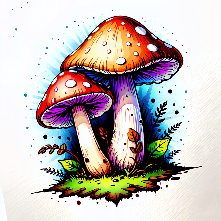 Funghi magici con luna piena, libellule, cristalli, stravagante scena Funghi magici con luna piena, libellule, cristalli, stravagante scena