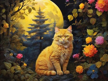 Gato, Lua, Floresta, Flor, Amarelo
