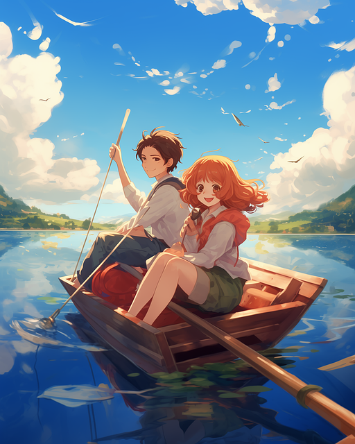 Ai Gerado, Casal, Barco, Anime, Céu
