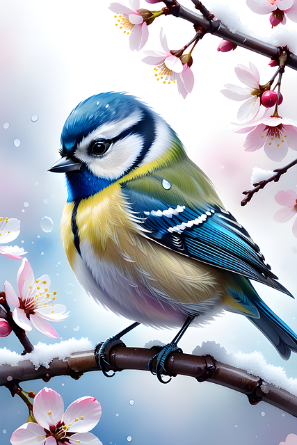 Free blue tit bird cherry blossoms illustration