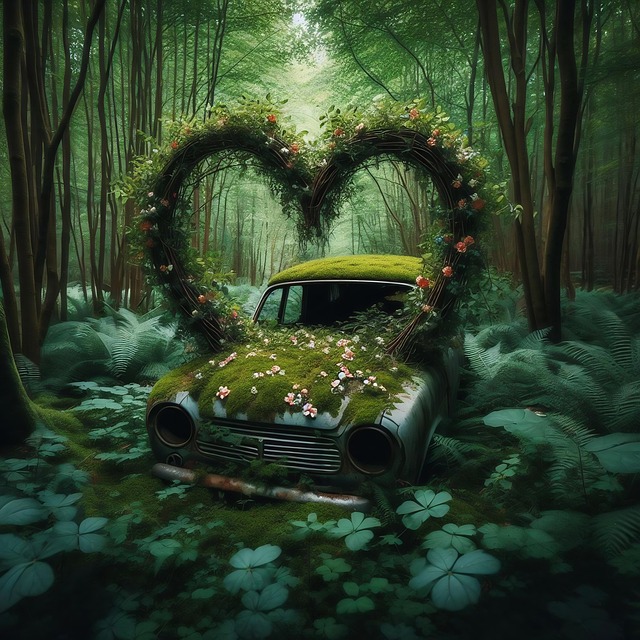 Free ai generated abandoned car forest illustration