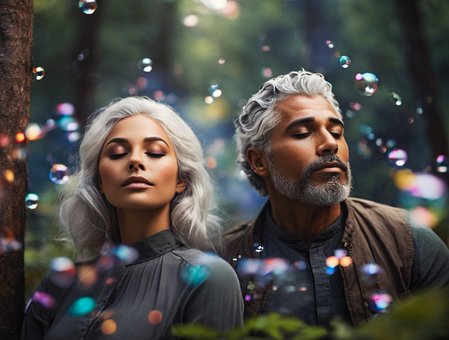 Casal, Amor, Bolha, Floresta, Meditação