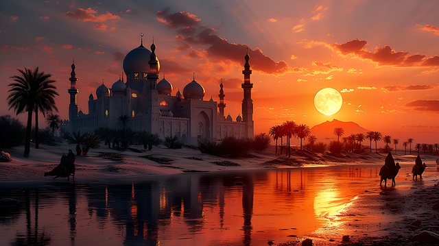 Ai Generado, Río, Mezquita, Atardecer