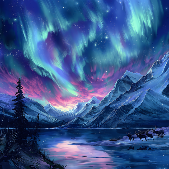 Free ai generated lake aurora borealis illustration