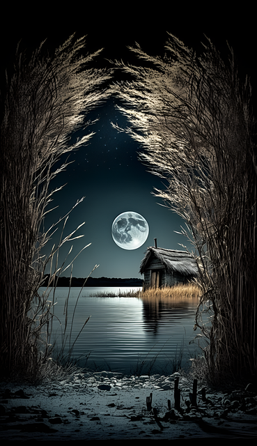 Ai Generado, Noche, Lago, Luna, Cabaña